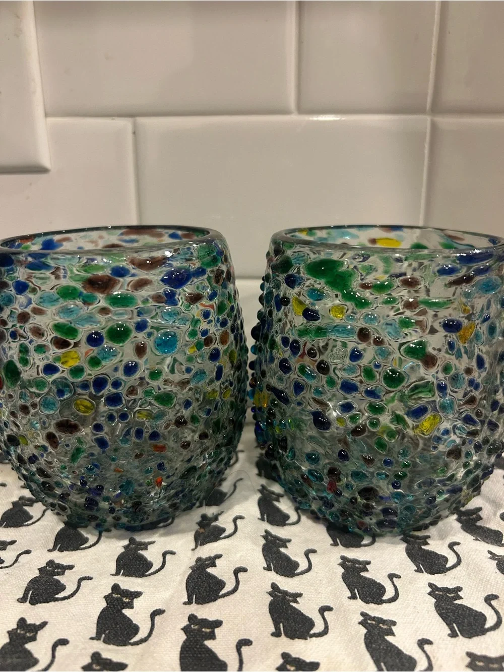 Confetti pebbled Mexican glass stemless wine glasses.